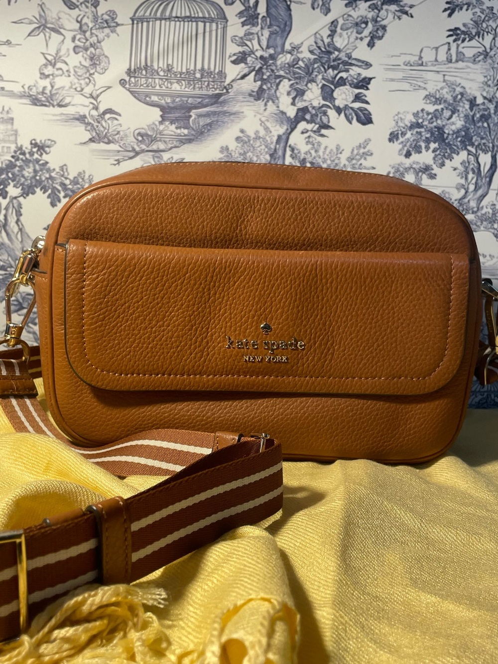 kate spade tan pebble leather crossbody with striped strap
